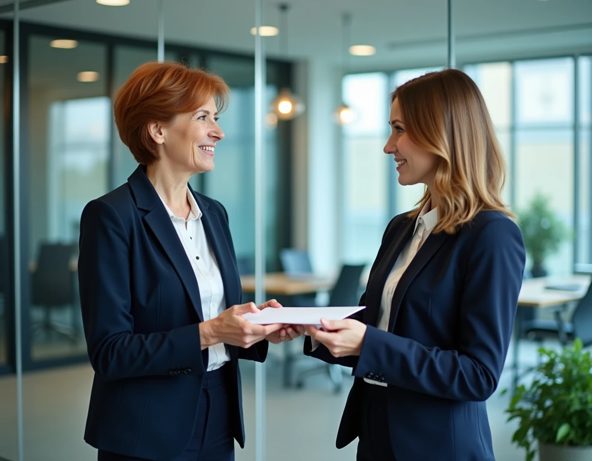 Femme cadre remettant son préavis de retraite aux ressources humaines dans un bureau moderne