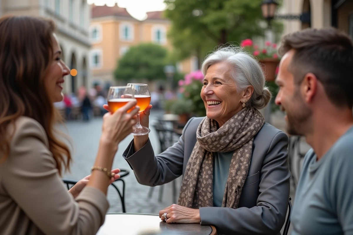 Femme souriante en terrasse de cafe avec amis