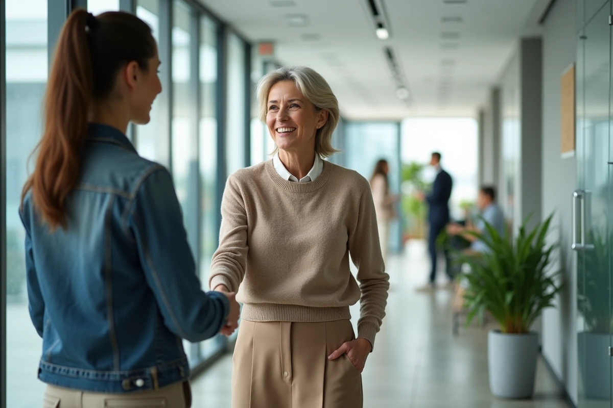 Femme en échange amical avec collègue dans couloir