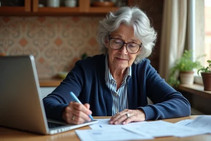 Femme de 55 ans consultant son relevé de pension retraite scolinfo sur ordinateur portable à la table de sa cuisine