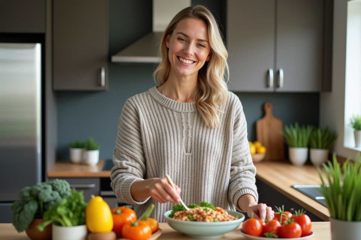 Femme souriante préparant un repas équilibré dans une cuisine moderne