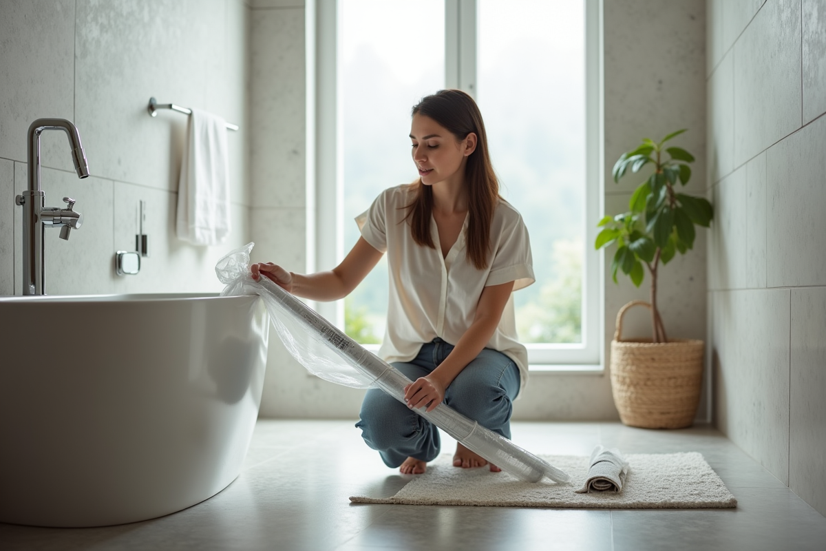 Jeune femme déballant une barre de douche dans la salle de bain