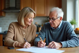 Femme et homme âgé discutant calendrier cuisine chaleureuse