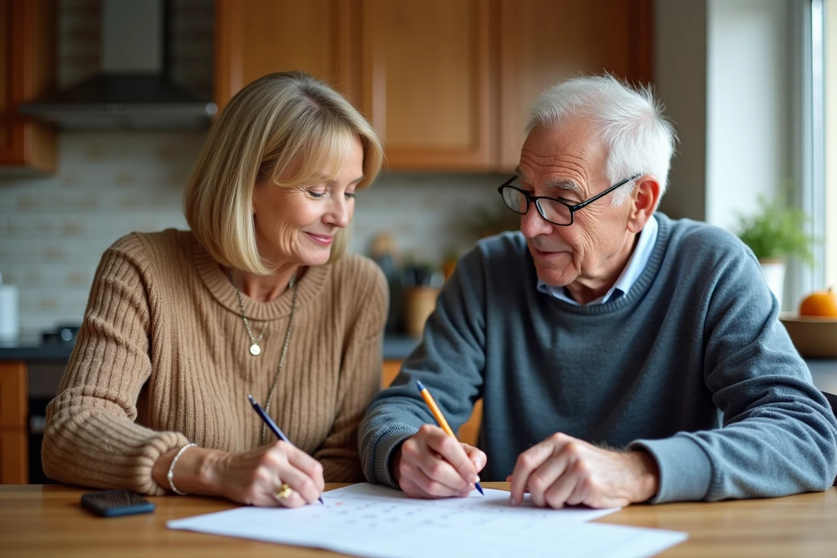 Femme et homme âgé discutant calendrier cuisine chaleureuse
