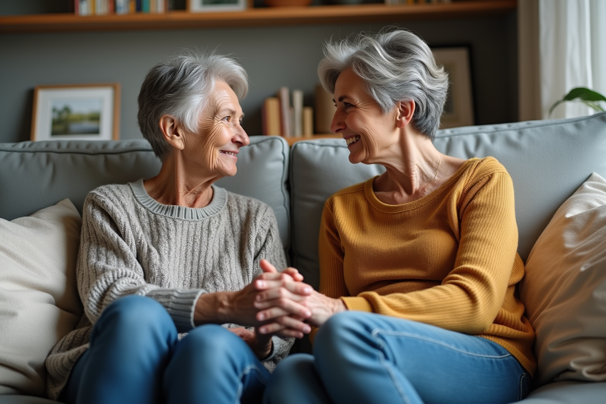 Femme âgée discutant avec sa fille dans le salon