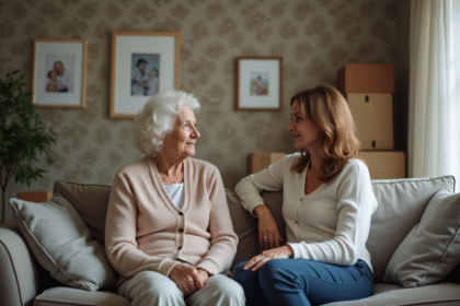 Femme âgée en conversation avec sa fille dans un salon chaleureux