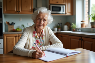 Femme âgée écrit dans un cahier en cuisine chaleureuse