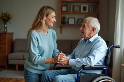 Femme d'âge moyen tenant la main d'un homme âgé en fauteuil