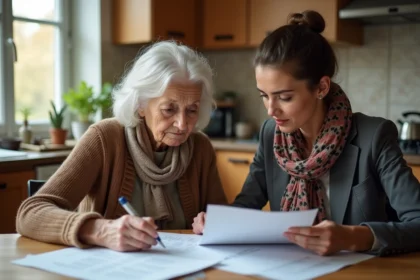 Femme âgée discutant de documents avec sa fille dans la cuisine