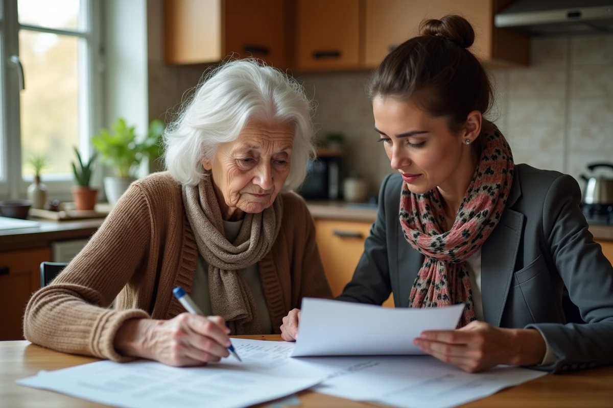 Femme âgée discutant de documents avec sa fille dans la cuisine