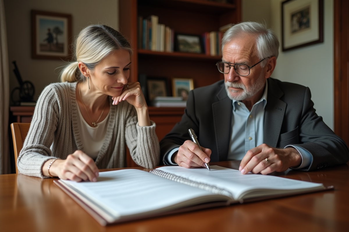 Femme d'âge moyen et son père âgé regardant des documents à la maison