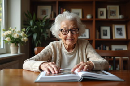 Femme âgée lisant un album photo dans un salon chaleureux