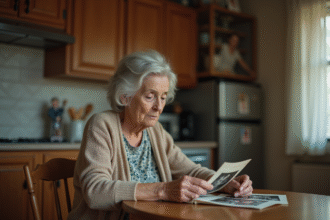 Femme âgée regardant une photo dans sa cuisine chaleureuse