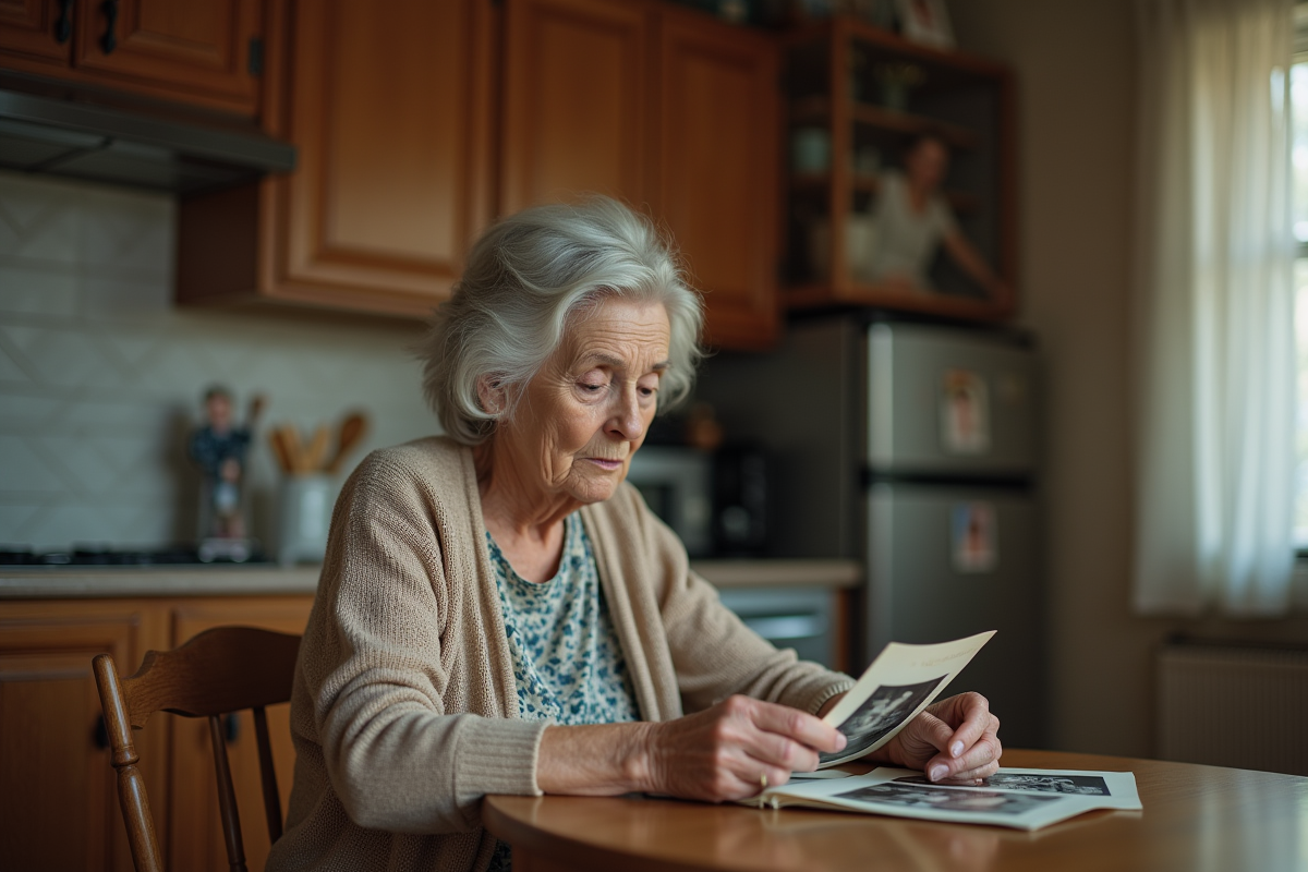 Femme âgée regardant une photo dans sa cuisine chaleureuse