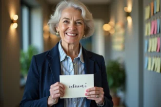 Femme âgée souriante tenant une carte de retraite dans un bureau