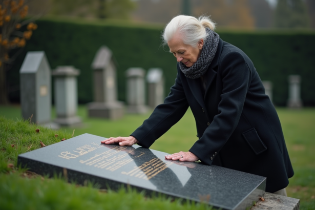Femme âgée touchant une plaque funéraire en granit dans un cimetière