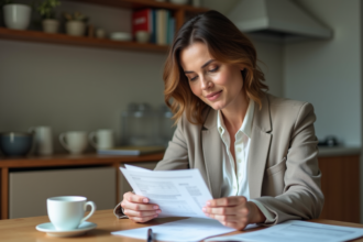 Femme d'âge moyen examinant des documents bancaires à la maison