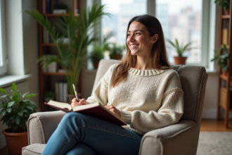 Femme assise en fauteuil en train de journaliser dans un salon cosy