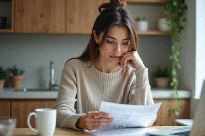 Femme lisant un document dans un appartement moderne