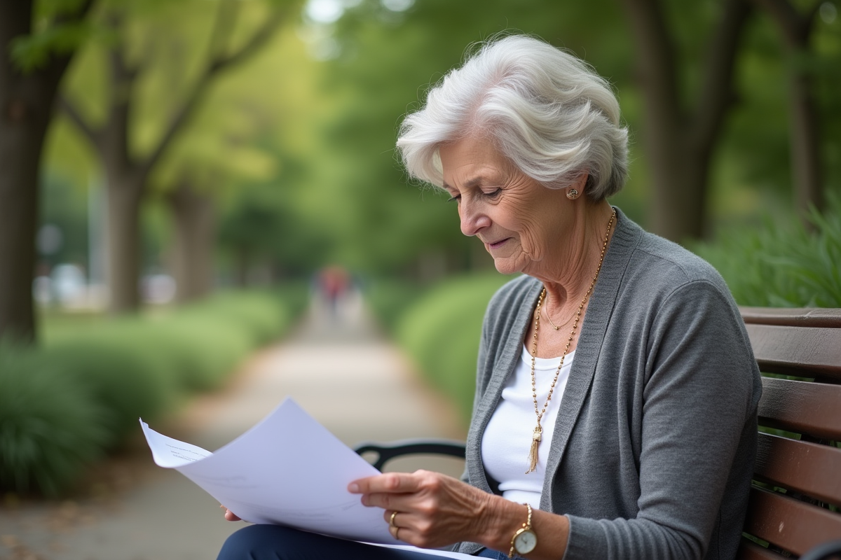 Femme âgée lisant des papiers dans un parc