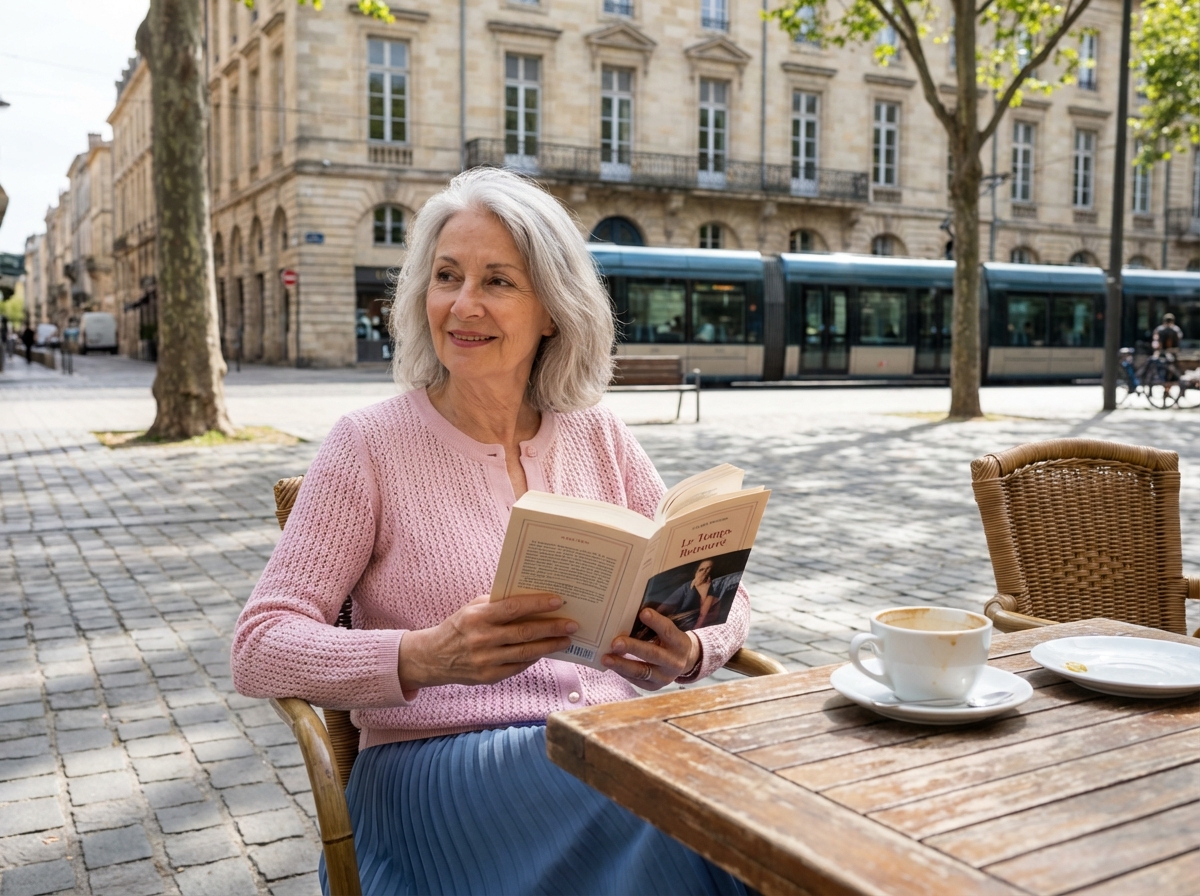 Femme âgée lisant un livre sur une terrasse de café à Bordeaux