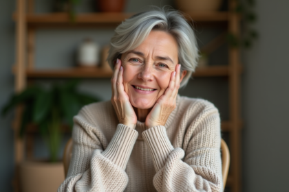 Femme d'âge moyen se massant le menton dans un intérieur chaleureux