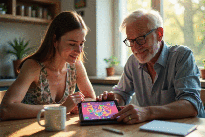 Jeune femme et homme mature jouent sur une tablette au matin
