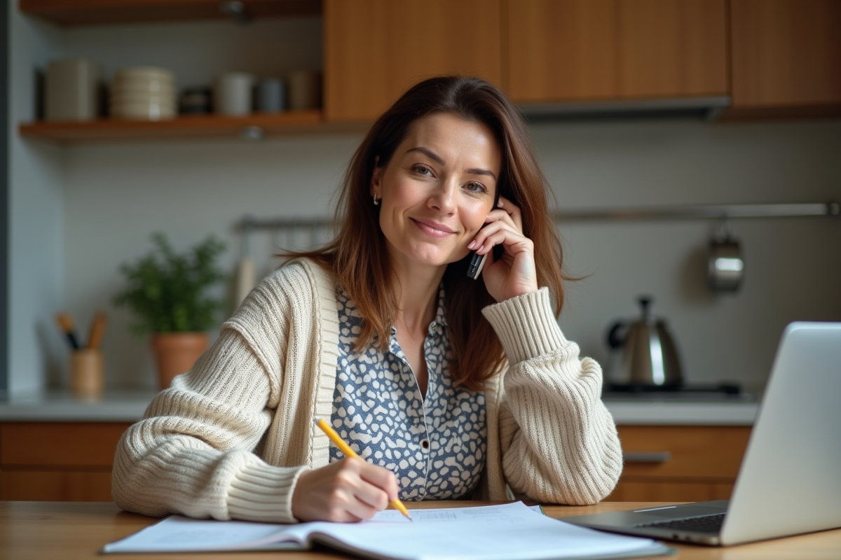 Femme organisée au téléphone dans une cuisine moderne