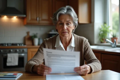 Femme d age moyen lisant des papiers dans sa cuisine