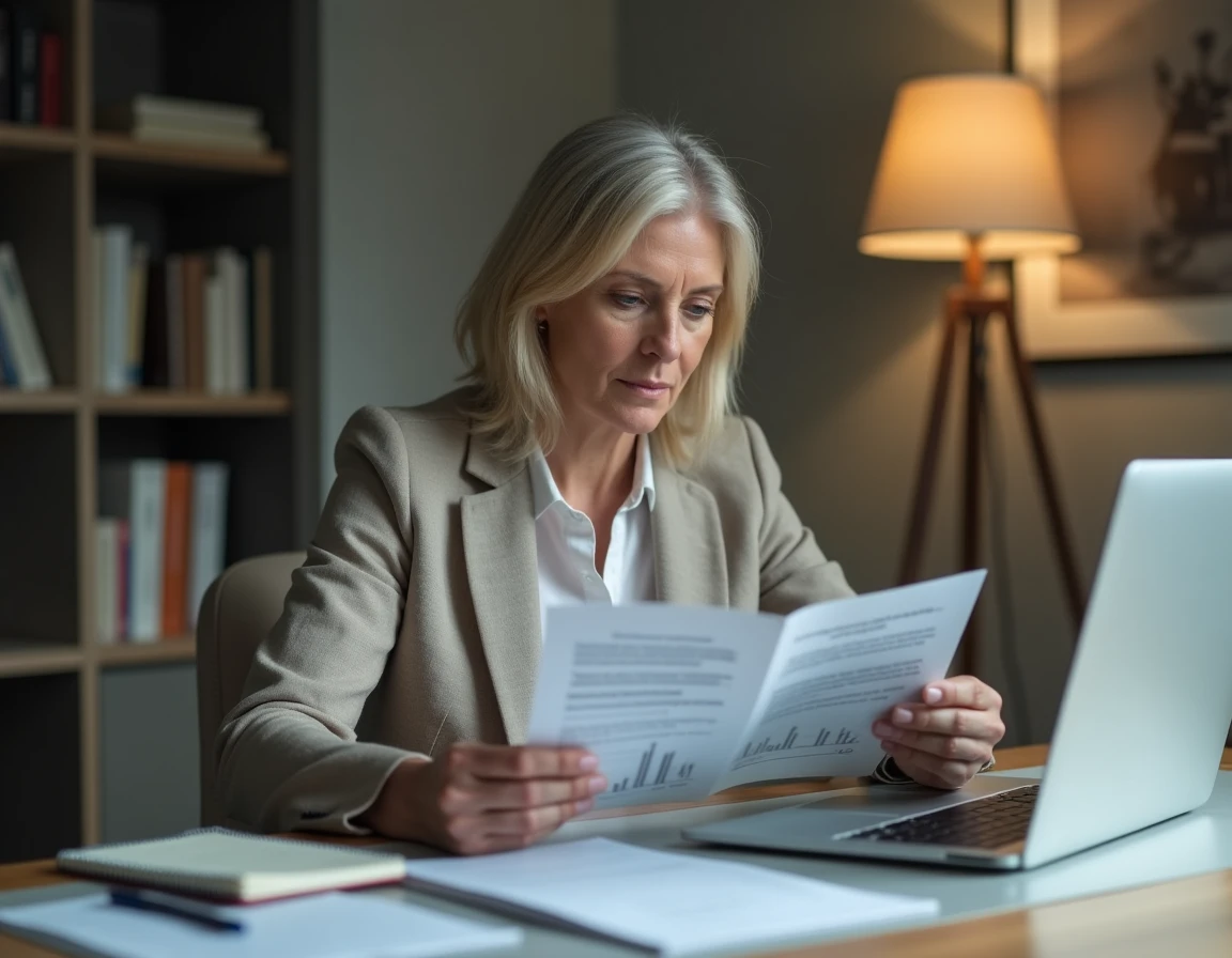 Une femme d'âge moyen consulte des brochures officielles sur les aides sociales pour réduire le reste à charge d'une maison de retraite