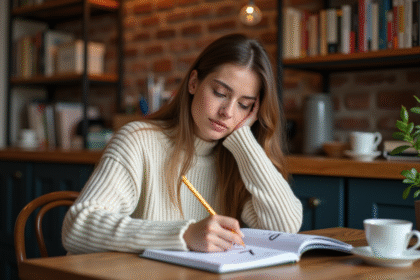 Jeune femme pensante dans un café avec un notepad