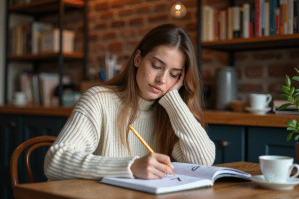 Jeune femme pensante dans un café avec un notepad