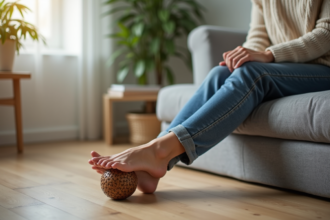 Femme détendue se massant le pied avec balle en bois dans un salon lumineux