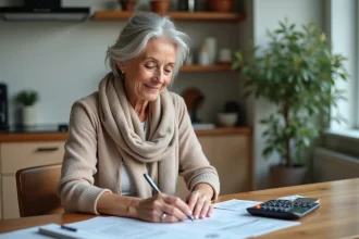 Femme âgée examinant son budget retraite à la maison