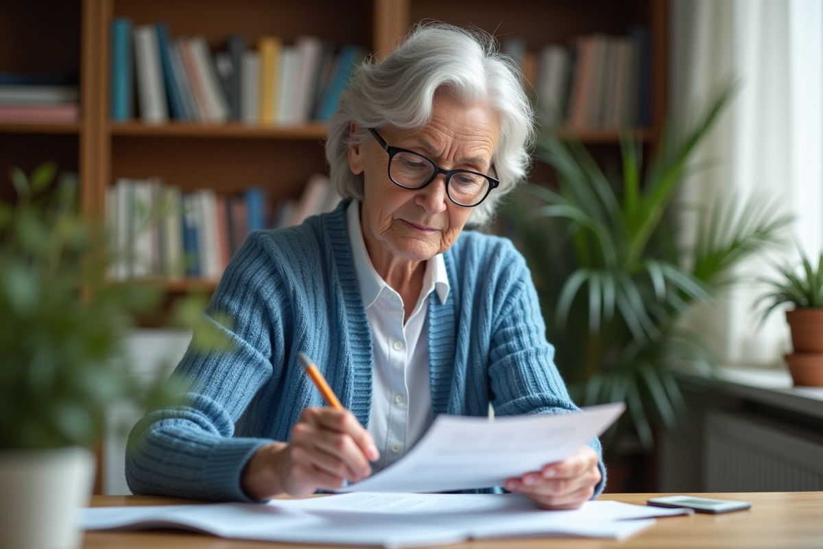 Femme d'âge moyen examinant des formulaires de retraite à son bureau