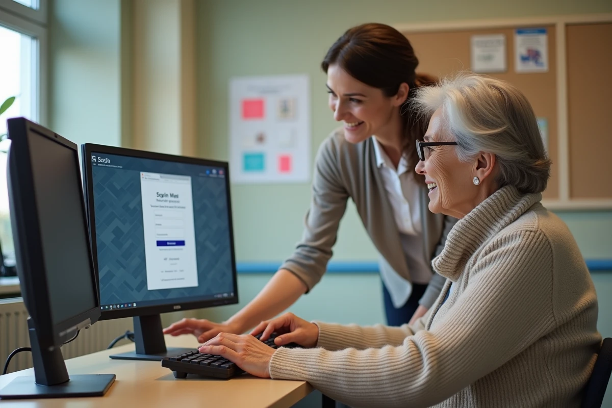 Femme retraitée française aidée par une assistante sur un ordinateur en centre communautaire
