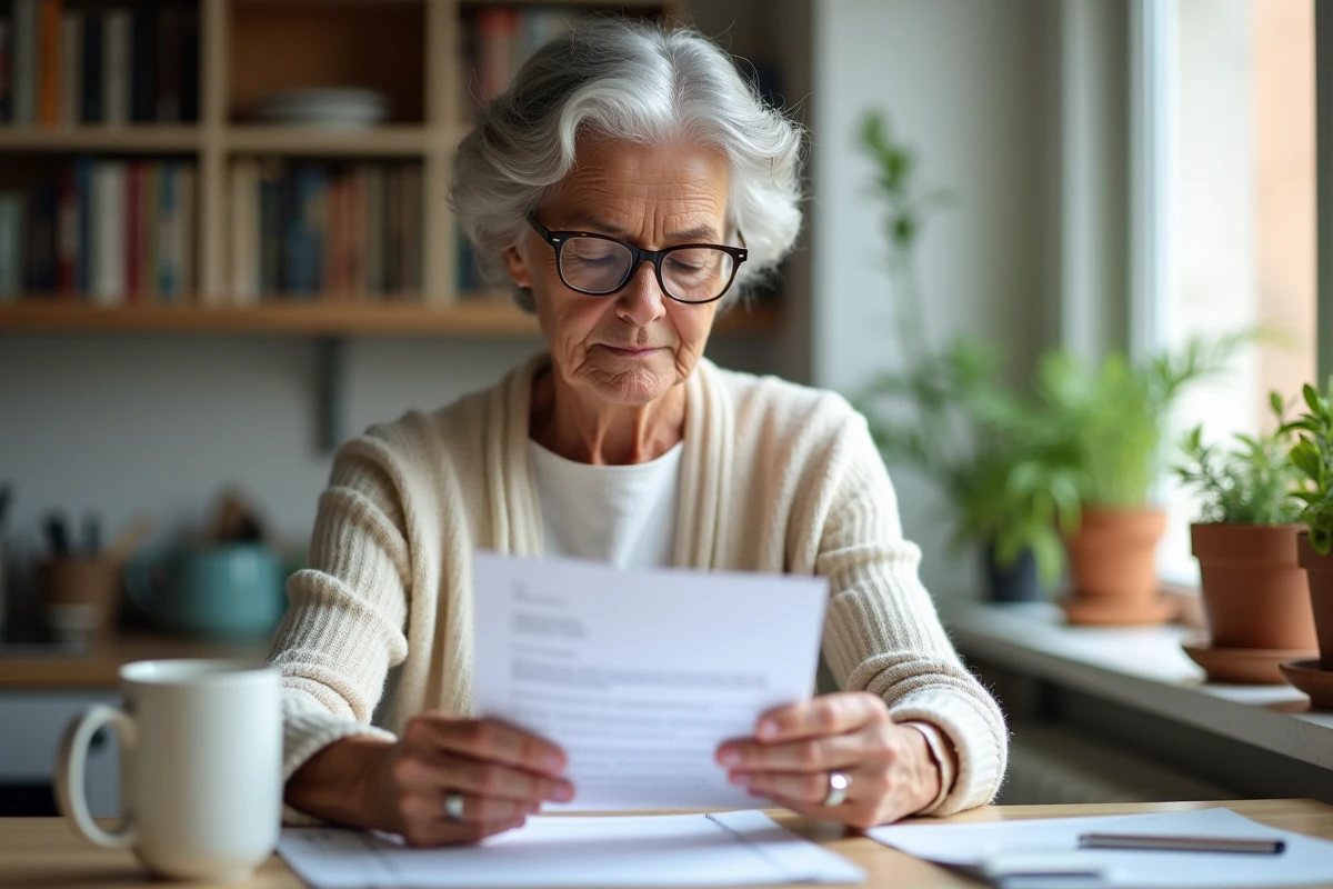 Femme retraitée lisant une lettre officielle sur la réforme fiscale des retraites en 2026 dans son appartement