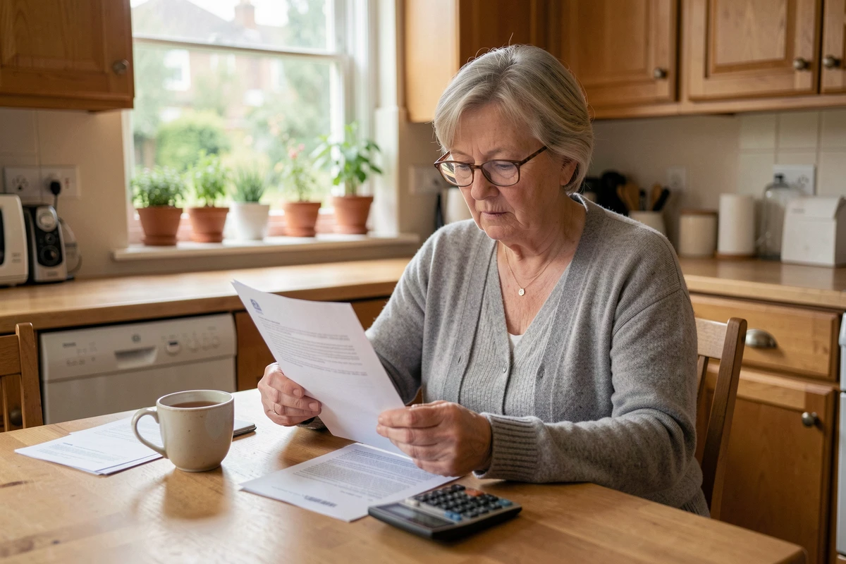 Femme retraitée en train de consulter des documents de pension de réversion à sa table de cuisine