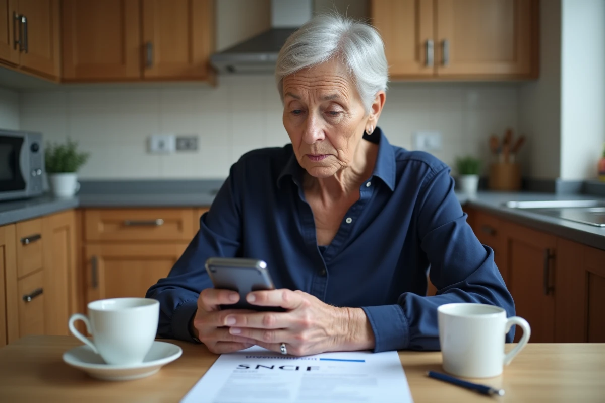 Femme retraitée SNCF cherchant une solution de connexion à l'espace famille sur son smartphone