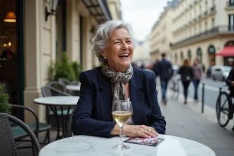 Femme retraitée souriante attablée en terrasse de café parisien avec un verre de vin et un programme de sortie culturelle