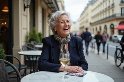 Femme retraitée souriante attablée en terrasse de café parisien avec un verre de vin et un programme de sortie culturelle