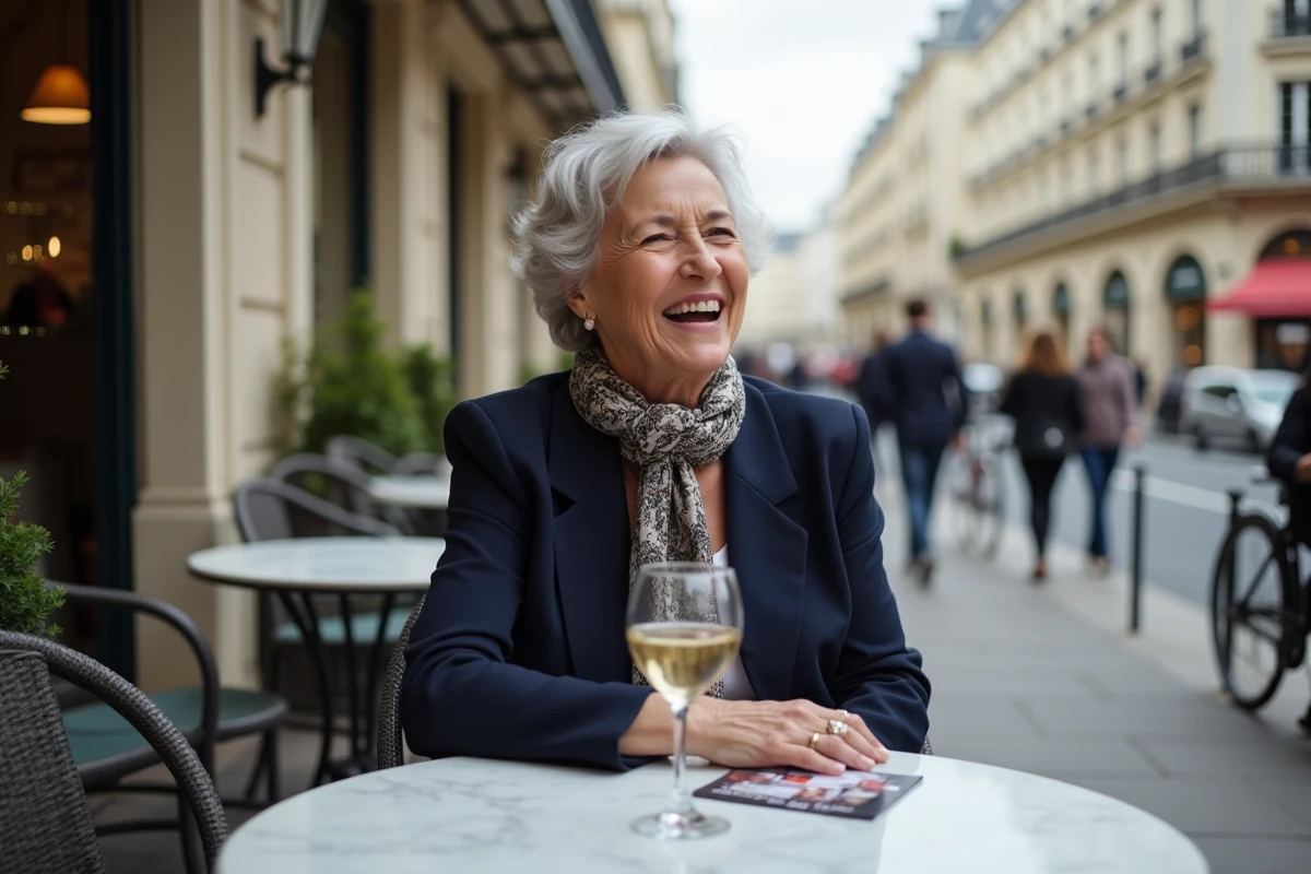 Femme retraitée souriante attablée en terrasse de café parisien avec un verre de vin et un programme de sortie culturelle