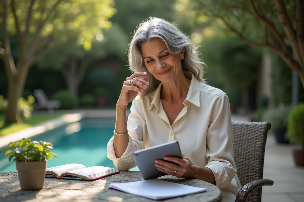 Femme dans un jardin en train de consulter une tablette