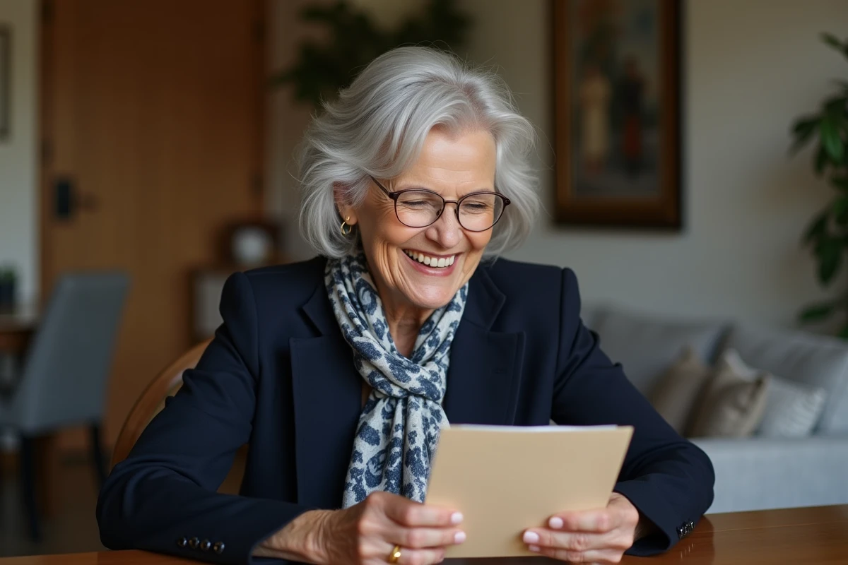 Femme senior élégante lisant une carte d anniversaire