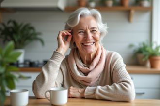 Femme senior souriante ajustant un appareil auditif dans la cuisine