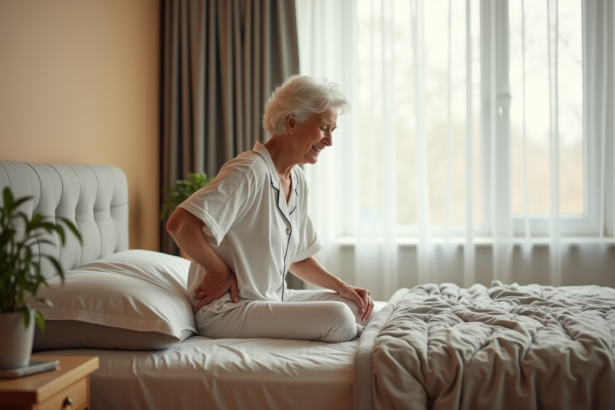 Femme senior assise sur le lit avec confort et soulagement