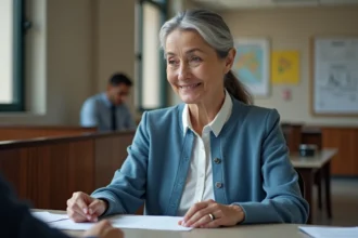 Femme senior souriante remettant des documents à un agent