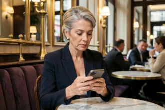 Femme senior élégante dans un café parisien haut de gamme consultant une application de rencontre sur son smartphone