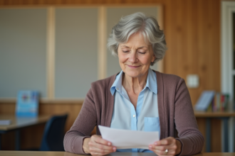 Femme senior souriante lisant une affiche de réduction