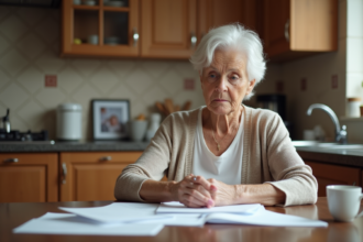 Femme senior lisant des documents dans sa cuisine chaleureuse